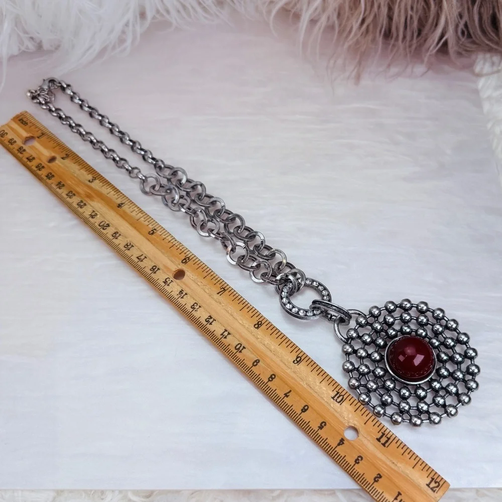 Vintage Aged Silvertone Weighted Red Pendant Necklace